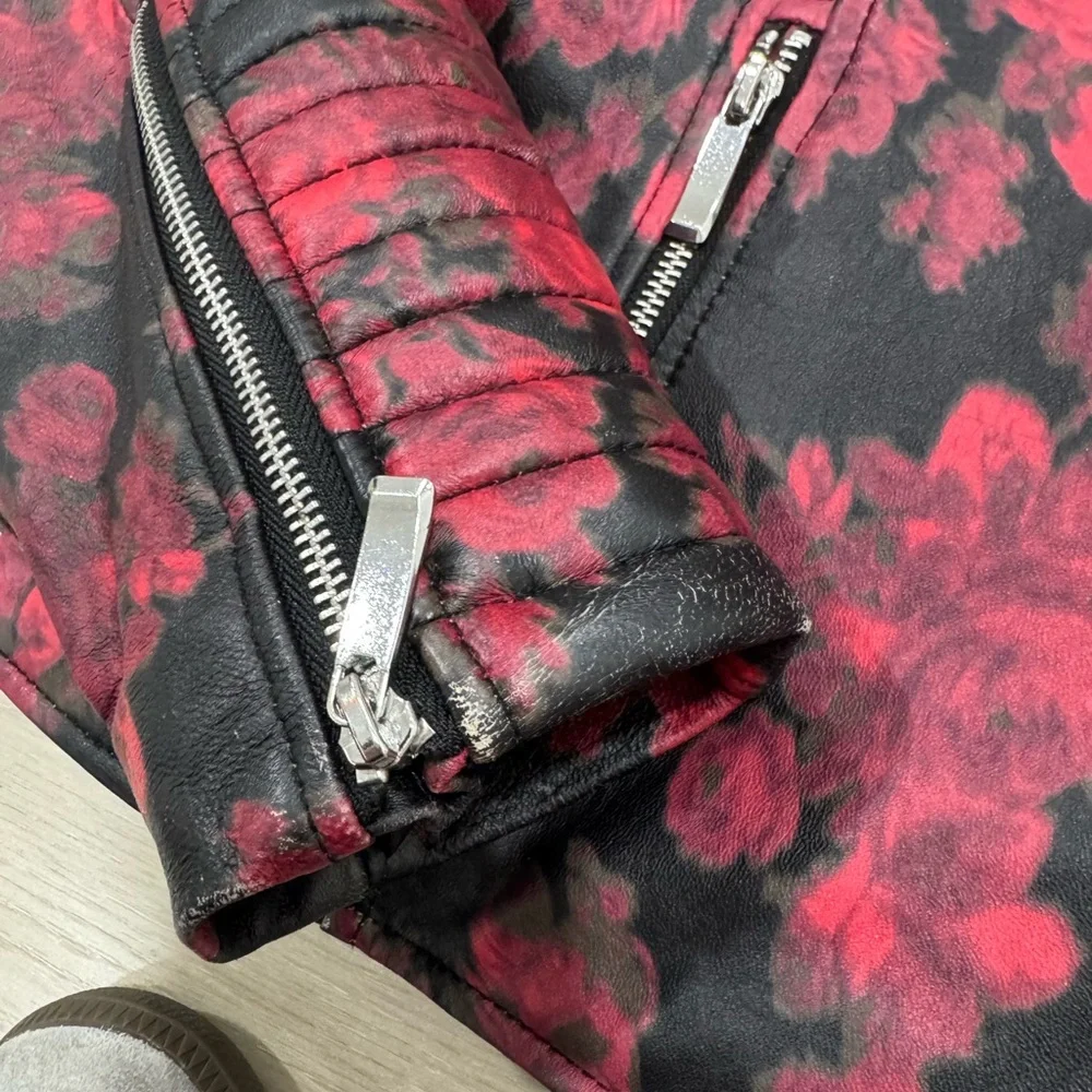 Lord & Taylor 424 Fifth Red Rose Black Leather Moto Biker Jacket - Picture 4 of 10